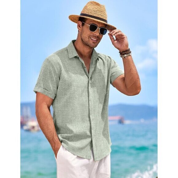 Men's Linen Shirts Short Sleeve Casual Shirts Button Down Shirt for Men's - Picture 5 of 6